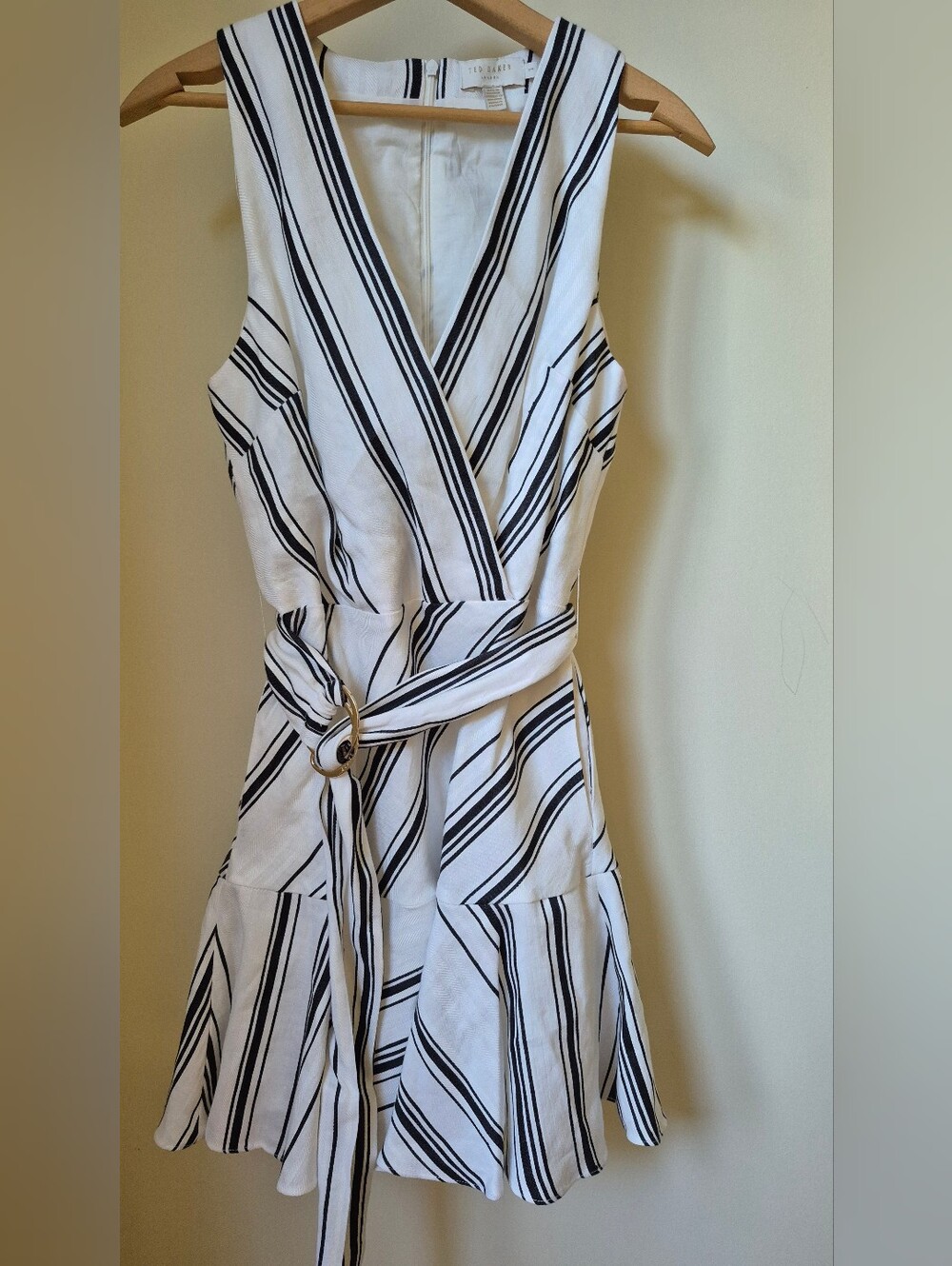 Ted Baker Aliice Diagonal Stripe Linen-Blend Belted Mini Dress | Size 1 (US 4)